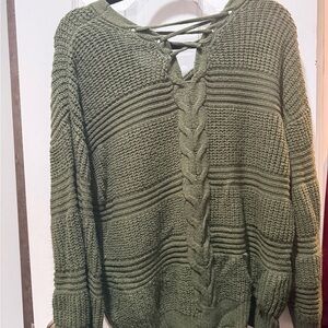 No Boundaries Olive Green Cable Knit V-Neck Sweater with Lace-Up Detail